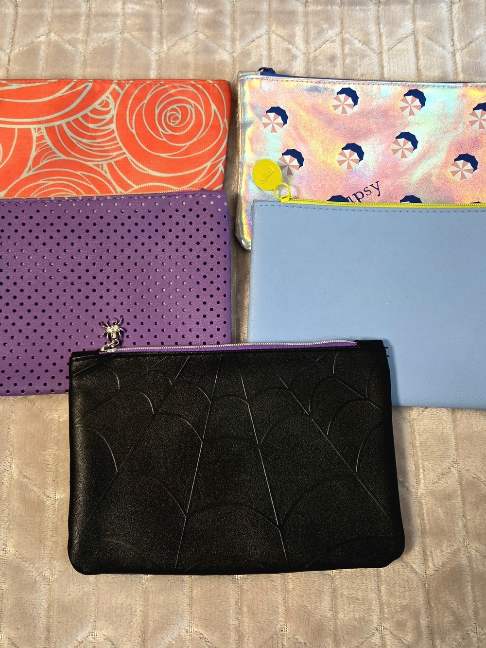 Ipsy Assorted Colorful Pouch Bundle — Black, Purple, Orange, Light Blue